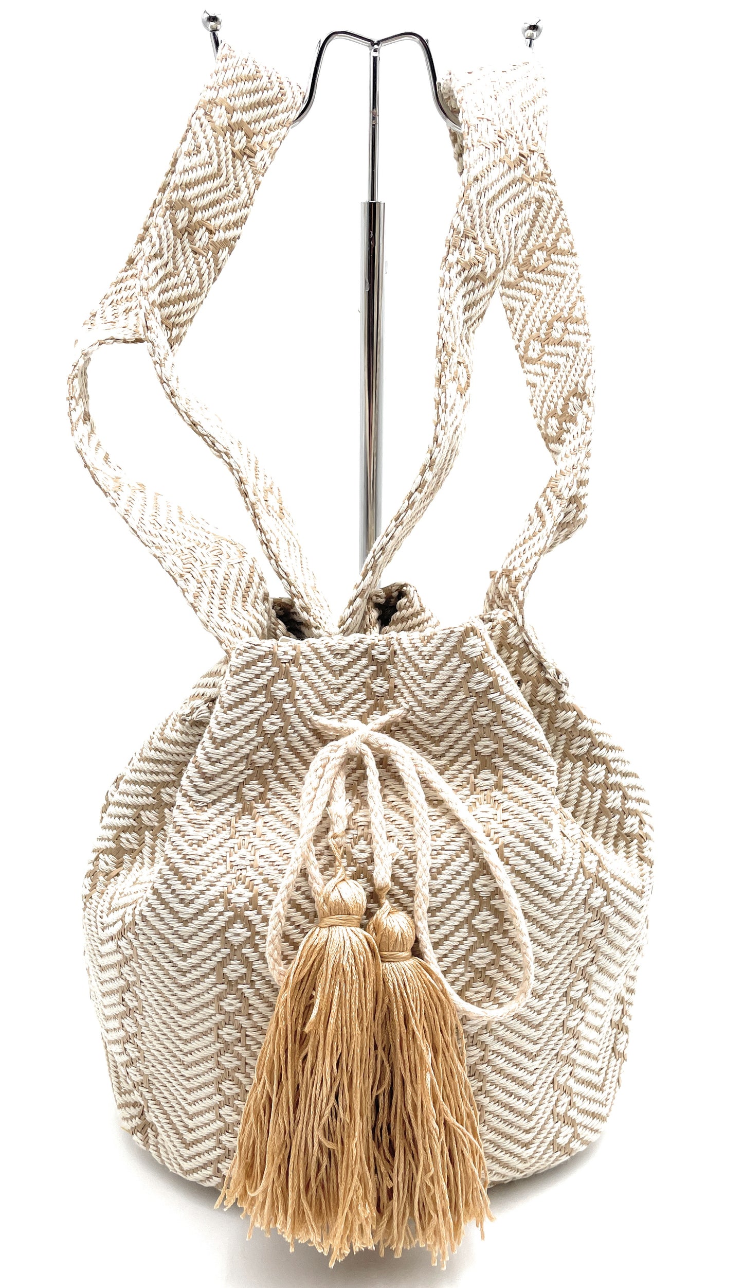 Boho Geometric Pattern Bucket Bag with Tassels