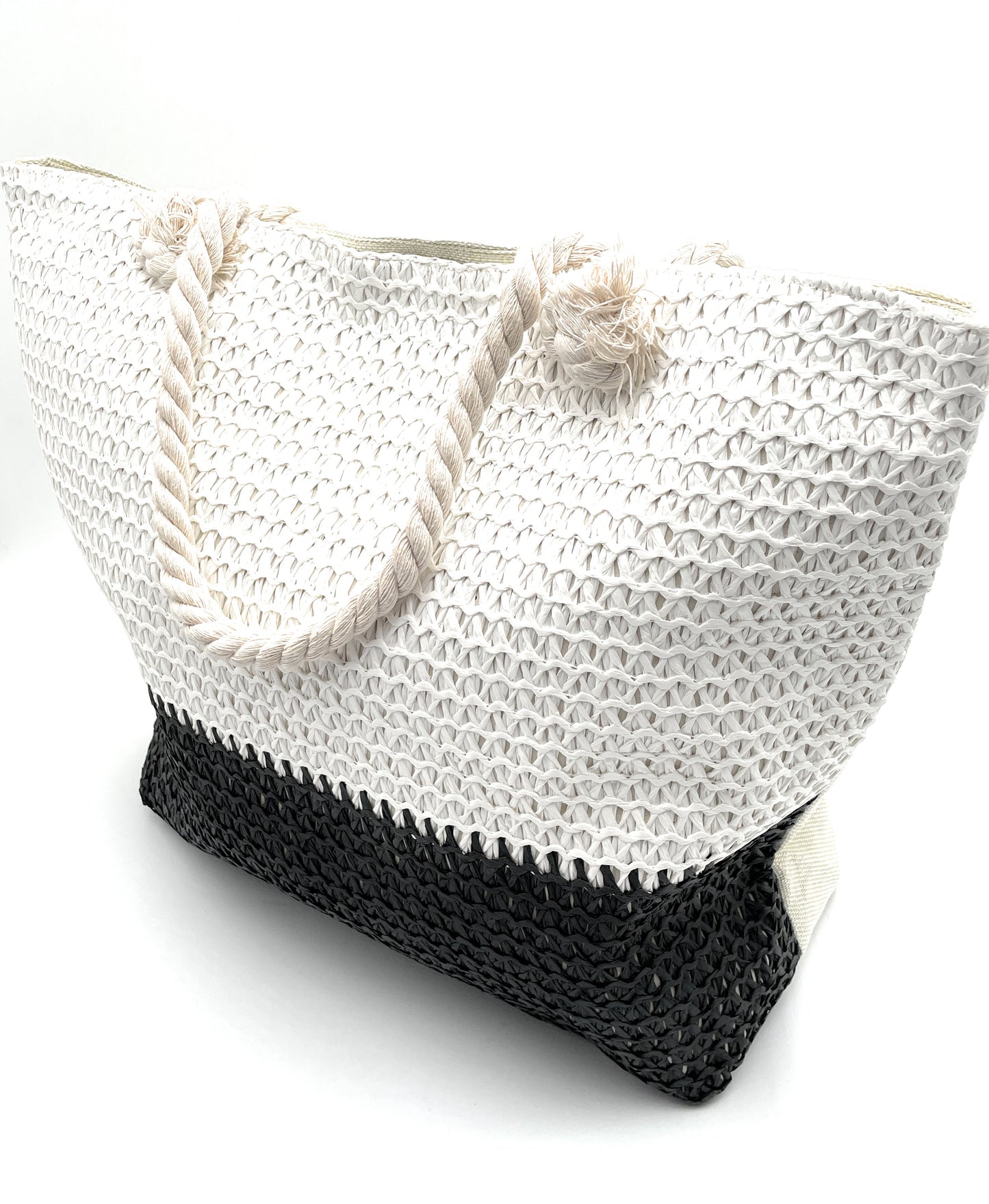Woven Straw Tote Bag – Two-Tone Beach Purse, Boho Summer Handbag