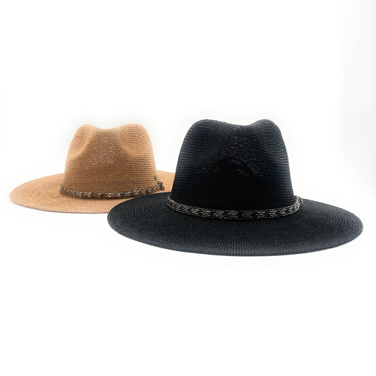 CC Panama Hat – Rhinestone & Bugle Bead Trim | Elegant Wide Brim Sun Hat