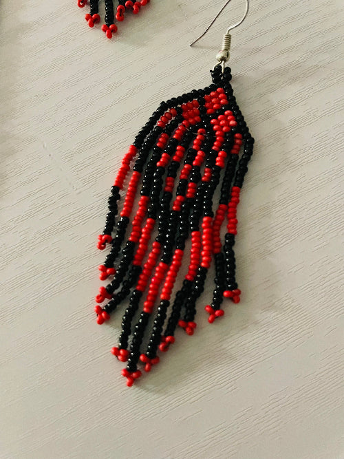 Handmade Red & Black Beaded Necklace & Earrings Set – Boho Jewelry Gift