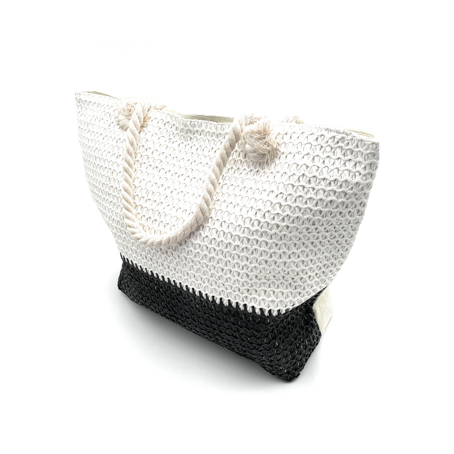 Woven Straw Tote Bag – Two-Tone Beach Purse, Boho Summer Handbag