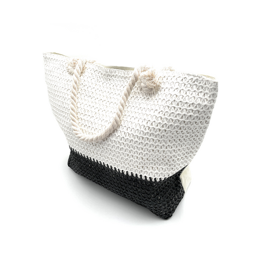 Woven Straw Tote Bag – Two-Tone Beach Purse, Boho Summer Handbag