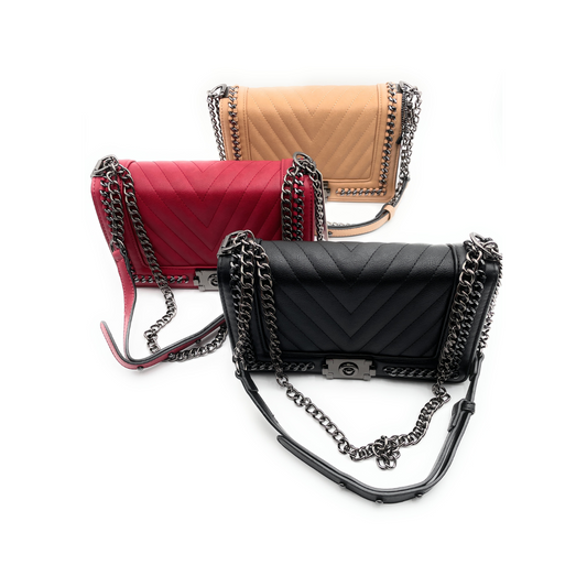 QUILTED CHAIN LINK CHIC CROSSBODY PURSE WITH MATCHING WRISTLET WALLET