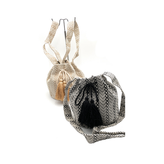 Boho Geometric Pattern Bucket Bag with Tassels