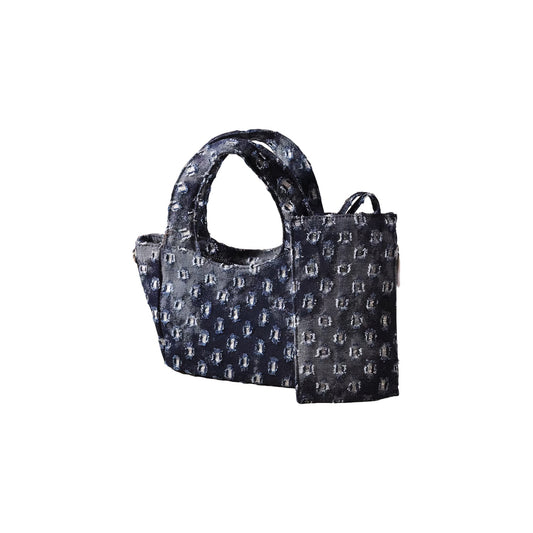 Denim Textured Handle & Strap Bag With Matching Clutch Bag