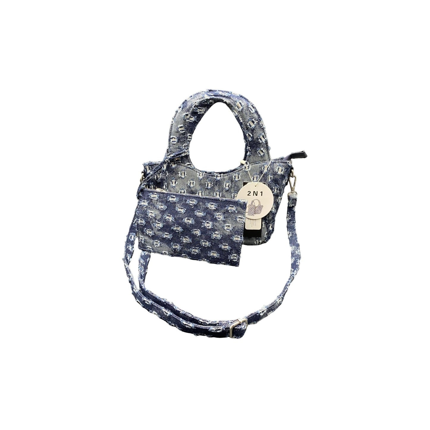 Denim Textured Handle & Strap Bag With Matching Clutch Bag