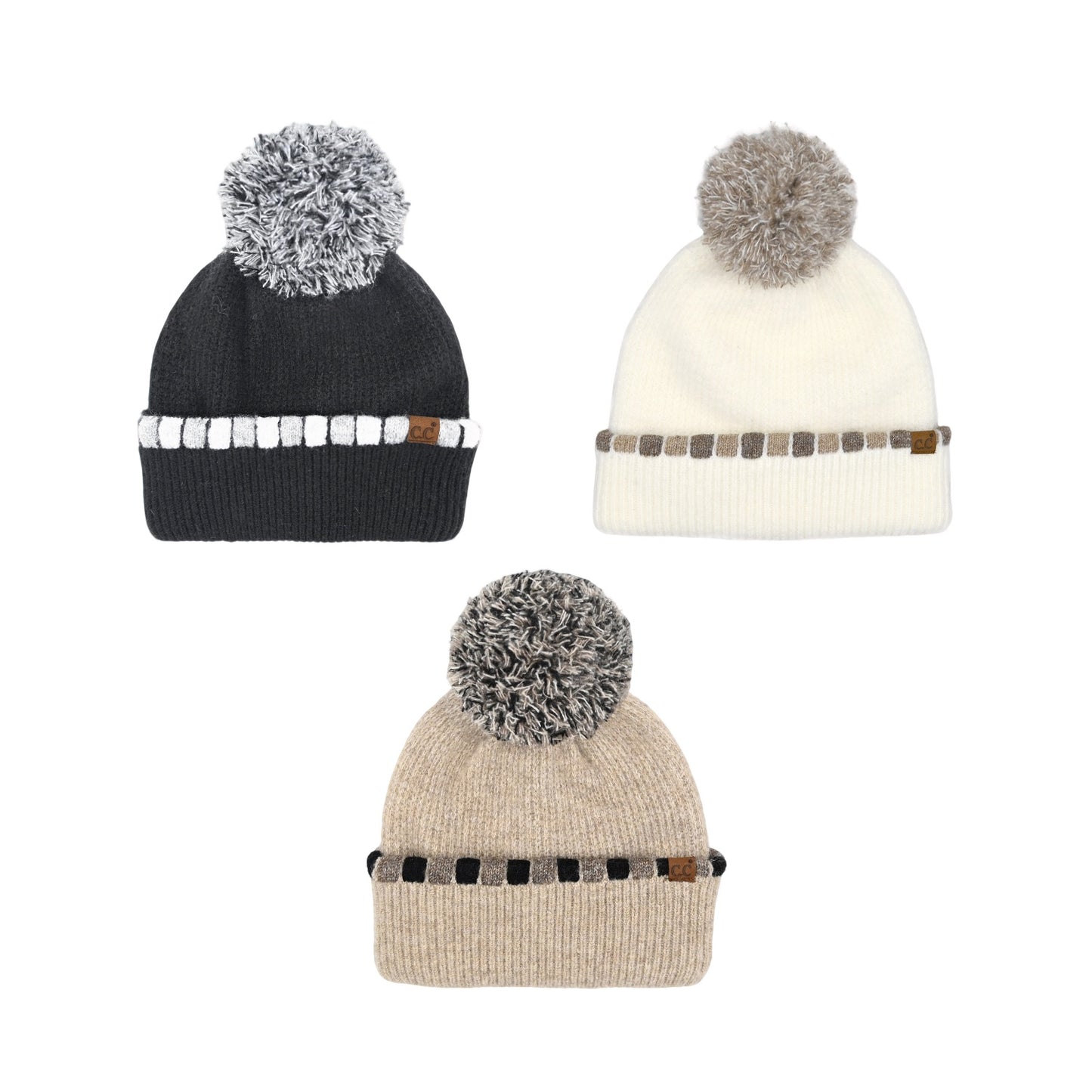 Neutral Horizontal Stripe Cuffed Pom Beanie