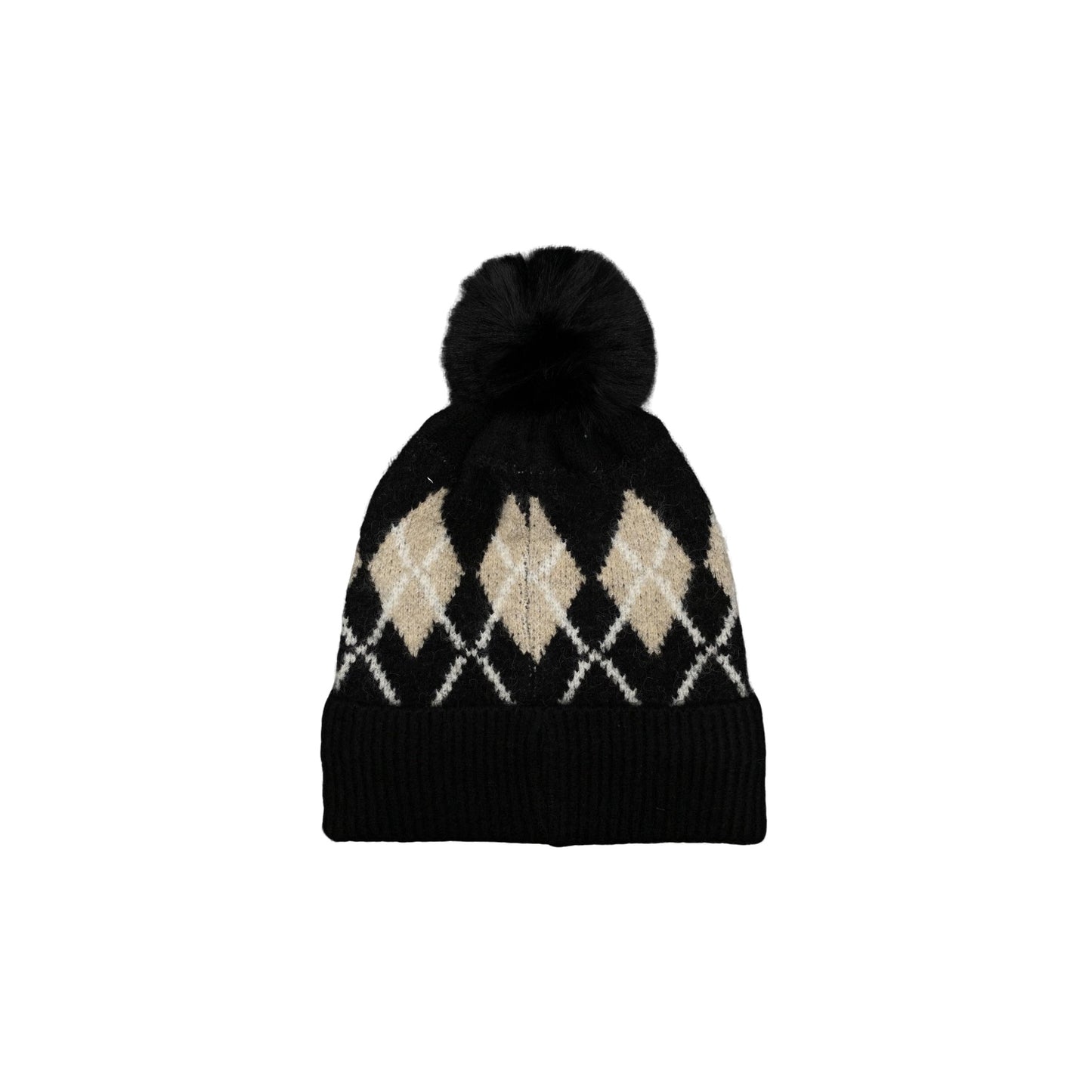 Wool Blended Argyle Fleece Pom Pom Beanie Winter Hat