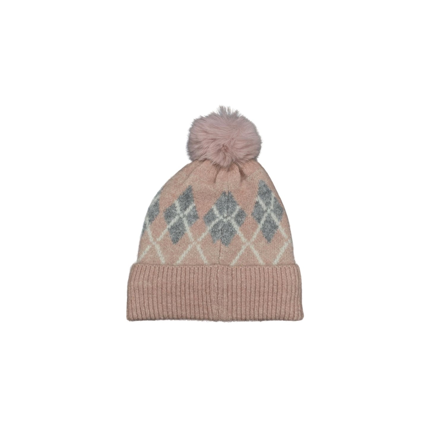 Wool Blended Argyle Fleece Pom Pom Beanie Winter Hat