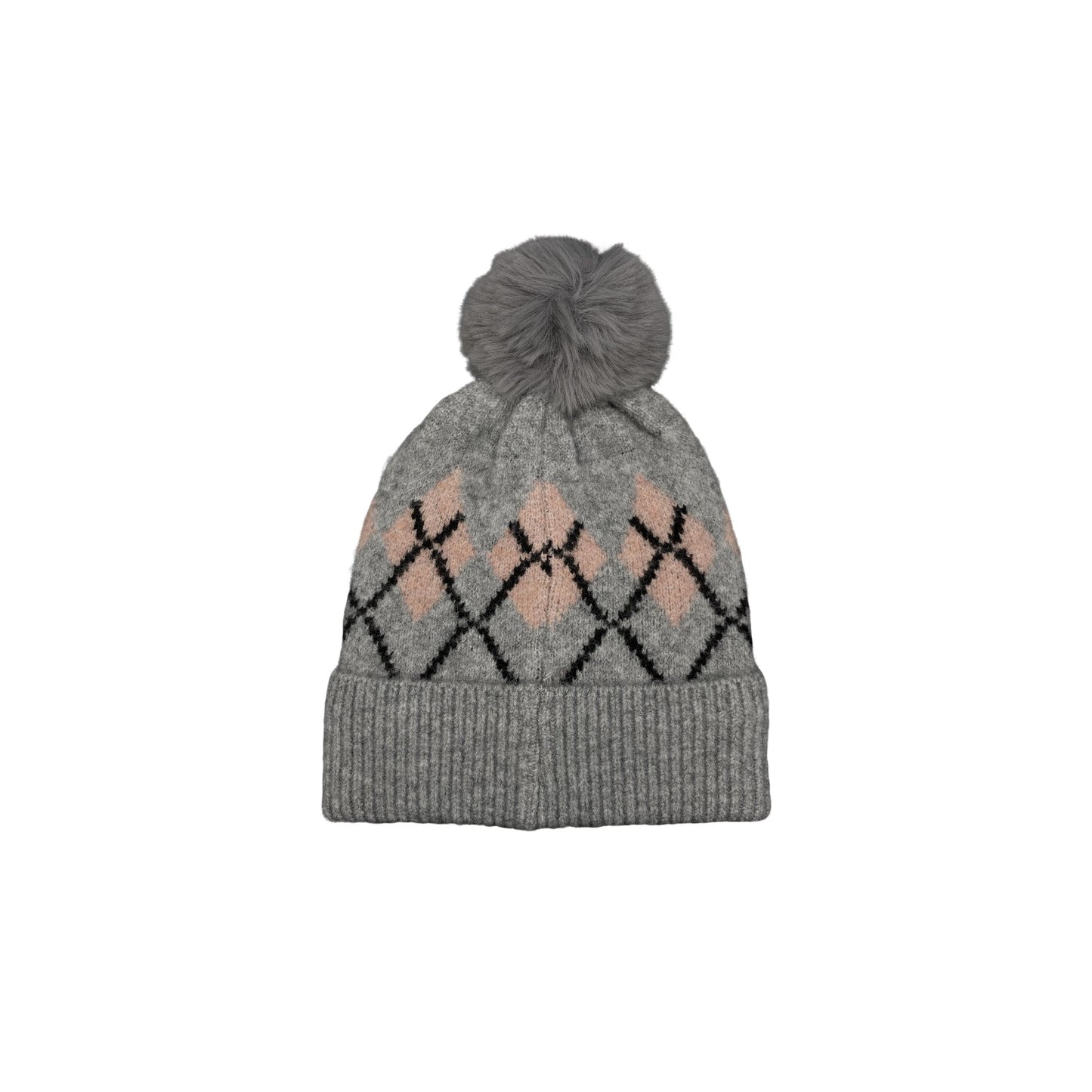 Wool Blended Argyle Fleece Pom Pom Beanie Winter Hat