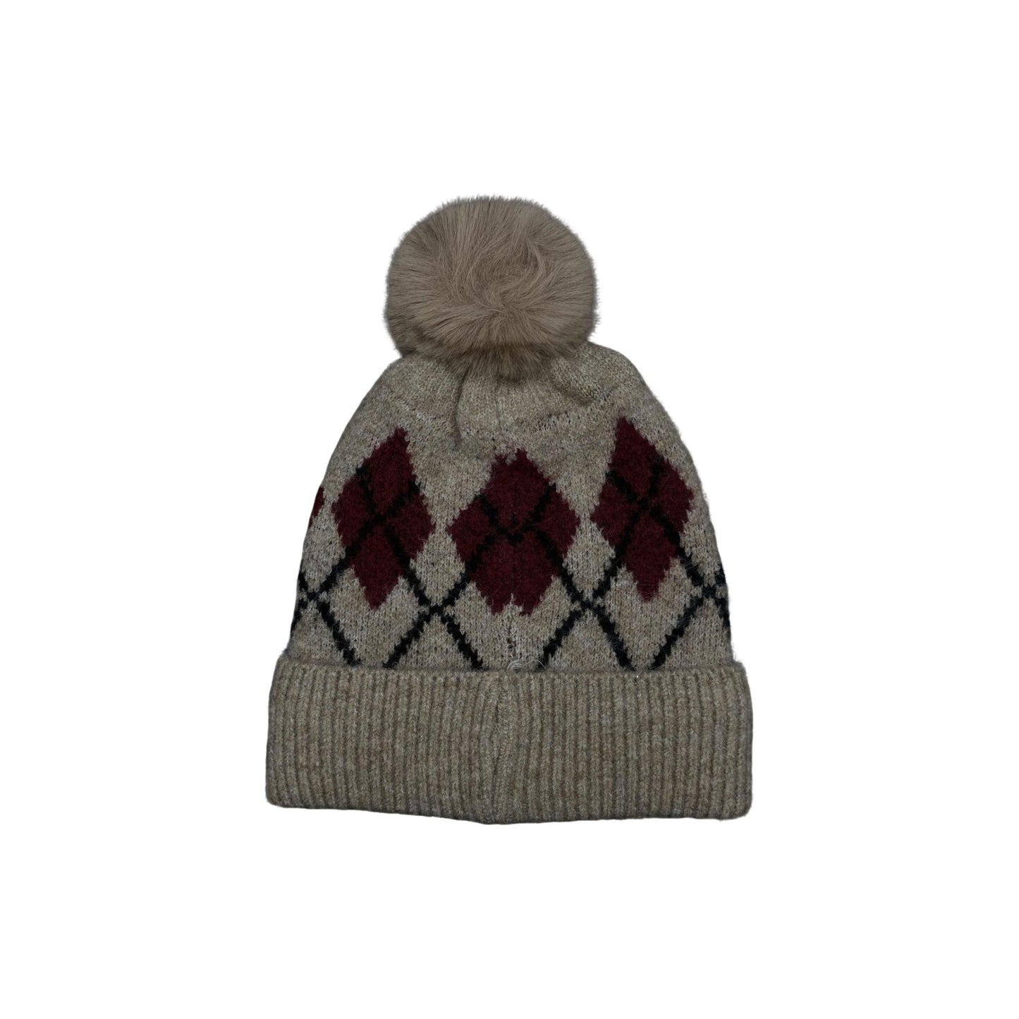 Wool Blended Argyle Fleece Pom Pom Beanie Winter Hat