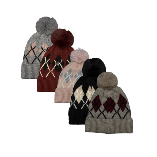 Wool Blended Argyle Fleece Pom Pom Beanie Winter Hat