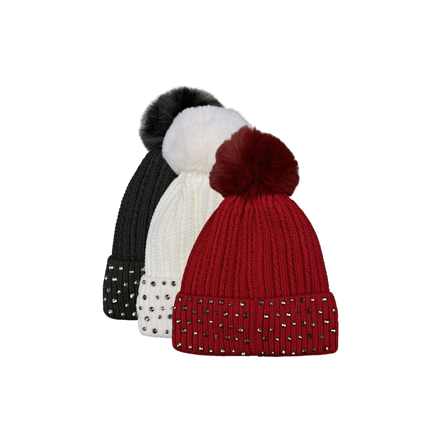 Rhinestone Beanie Pom Pom Hat