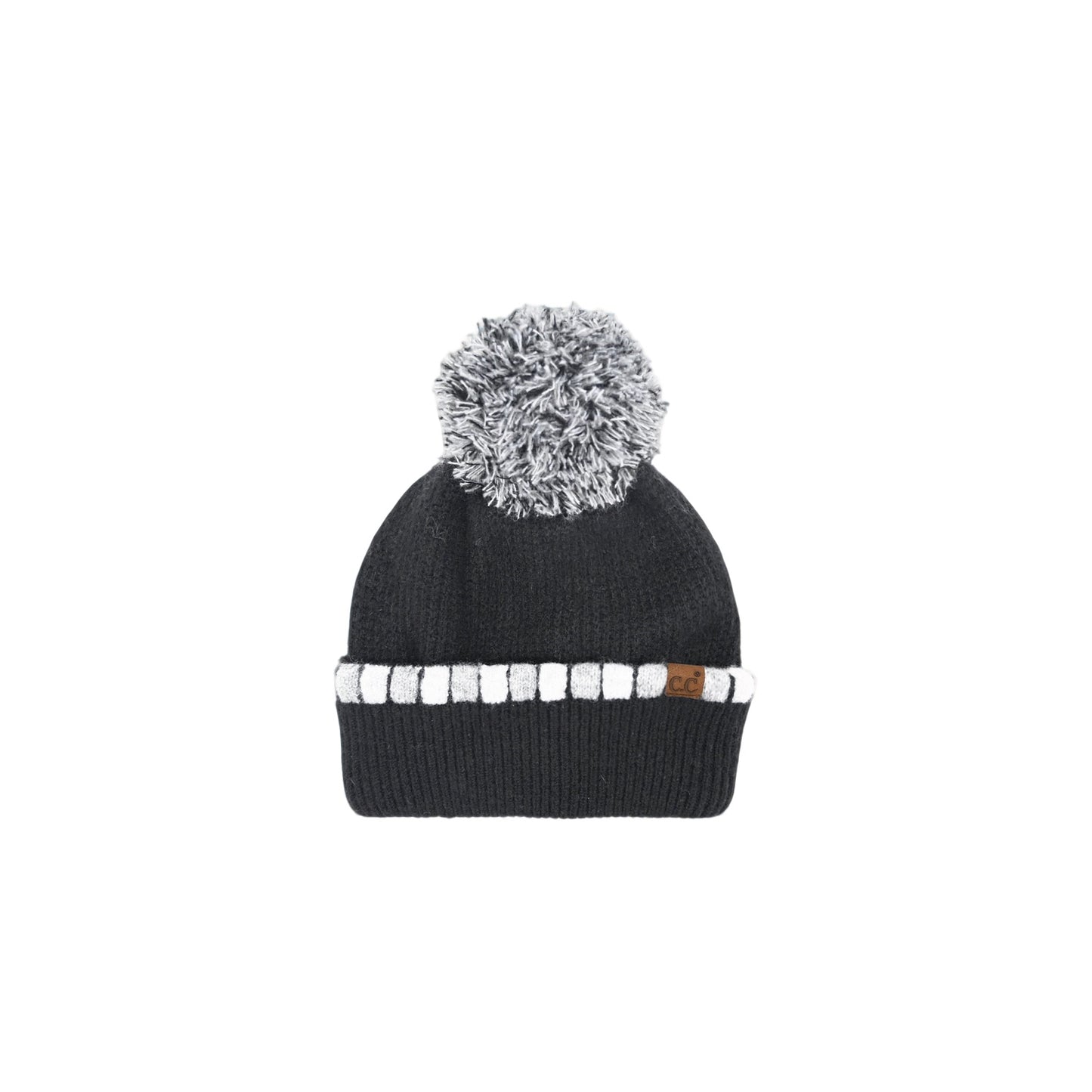 Neutral Horizontal Stripe Cuffed Pom Beanie