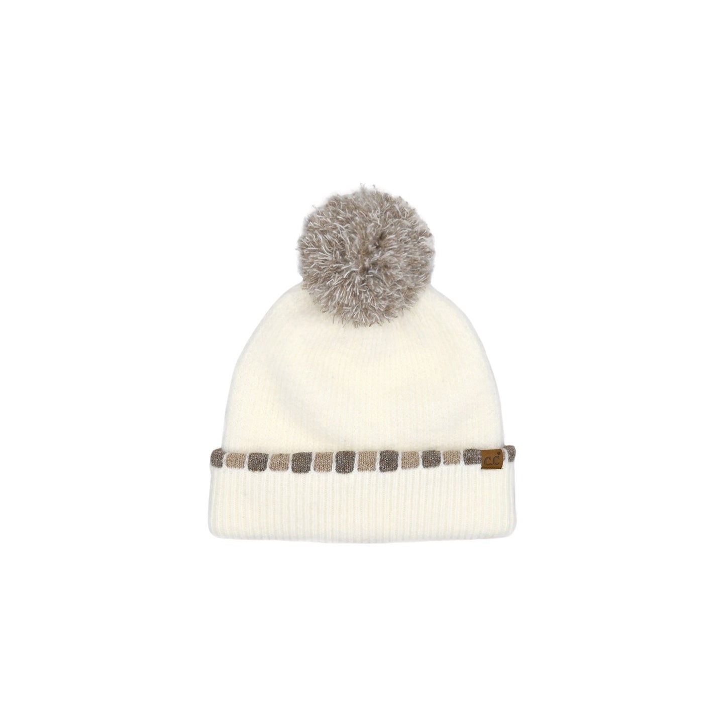 Neutral Horizontal Stripe Cuffed Pom Beanie