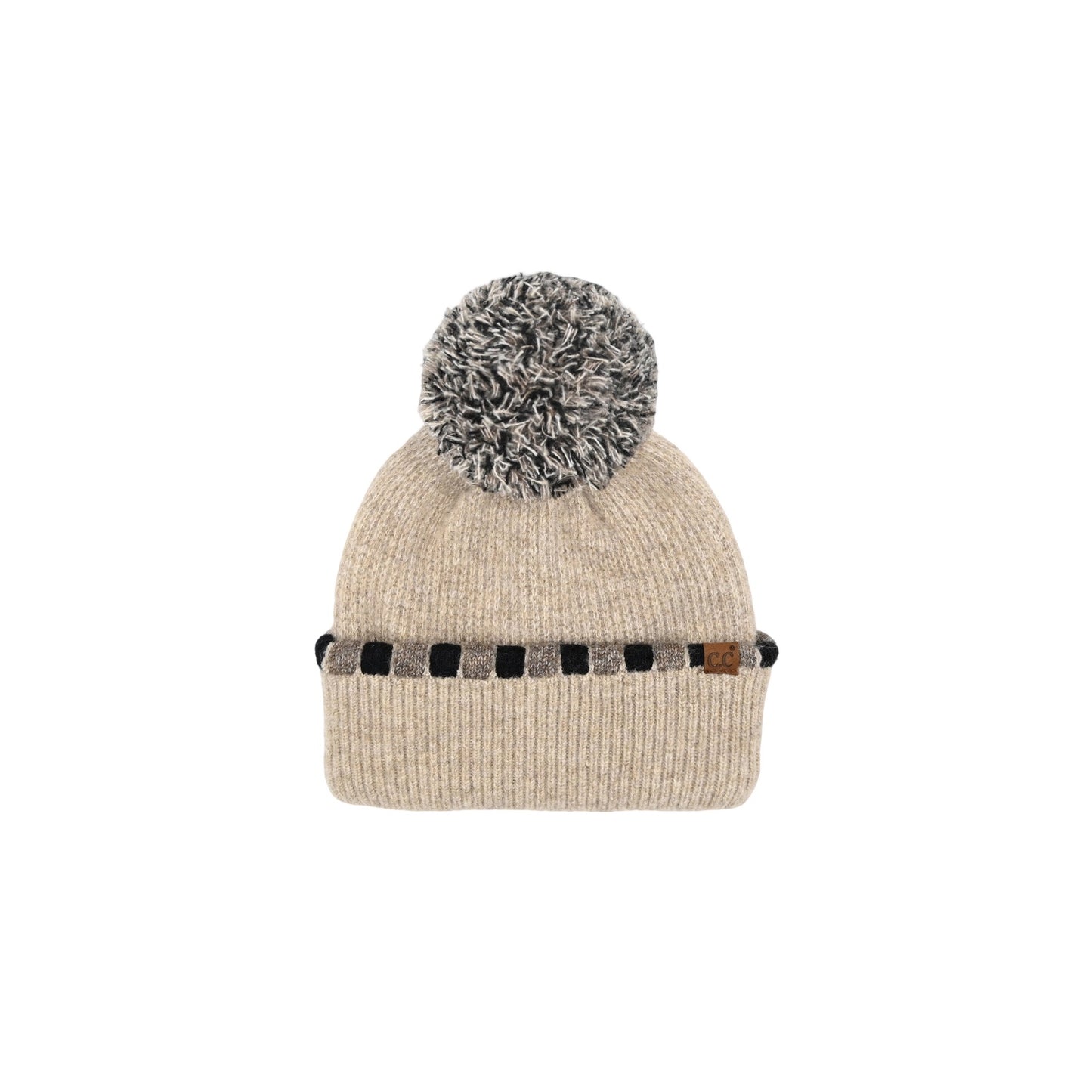 Neutral Horizontal Stripe Cuffed Pom Beanie