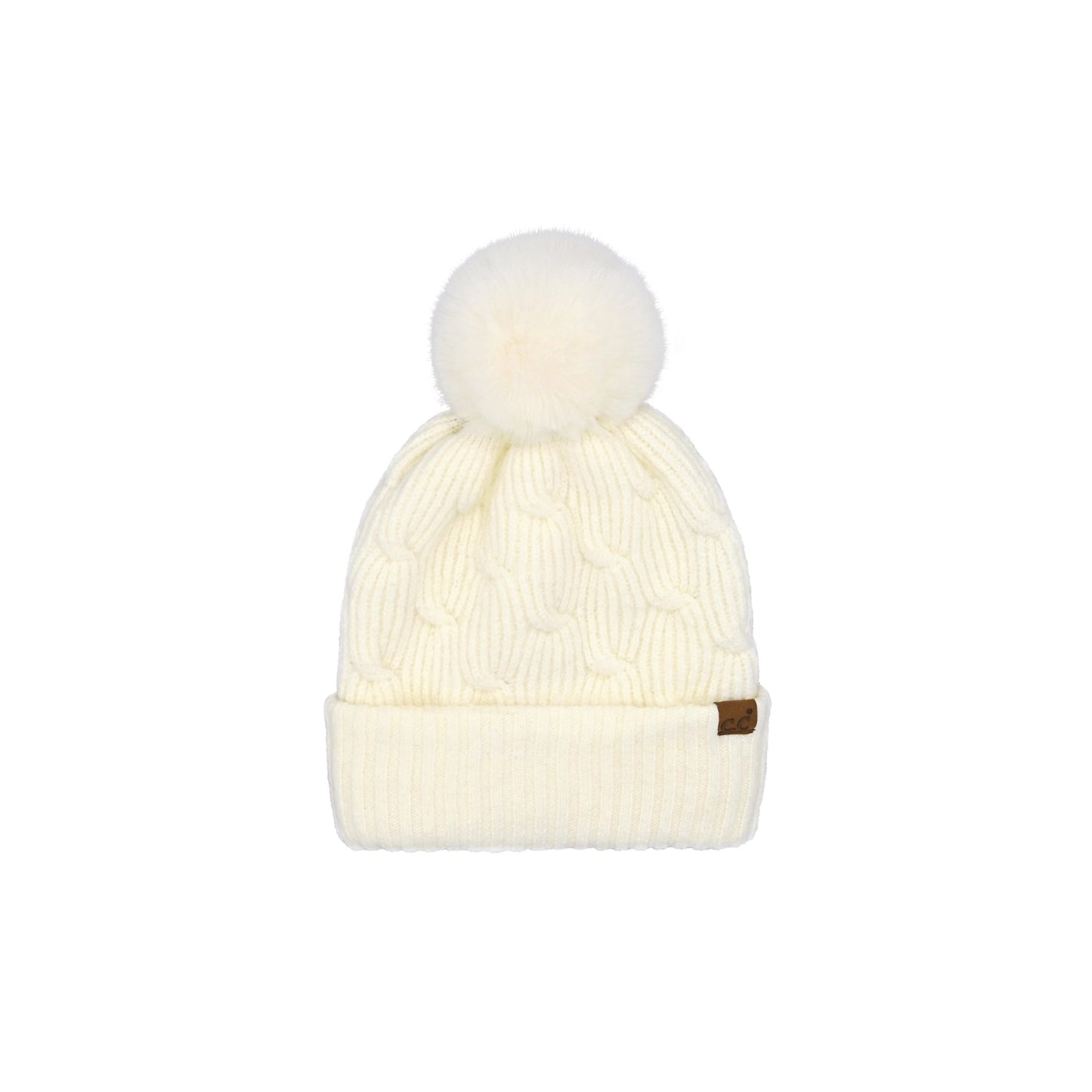 Chain Textured Knit Winter POM Beanie Fuzzy Lined