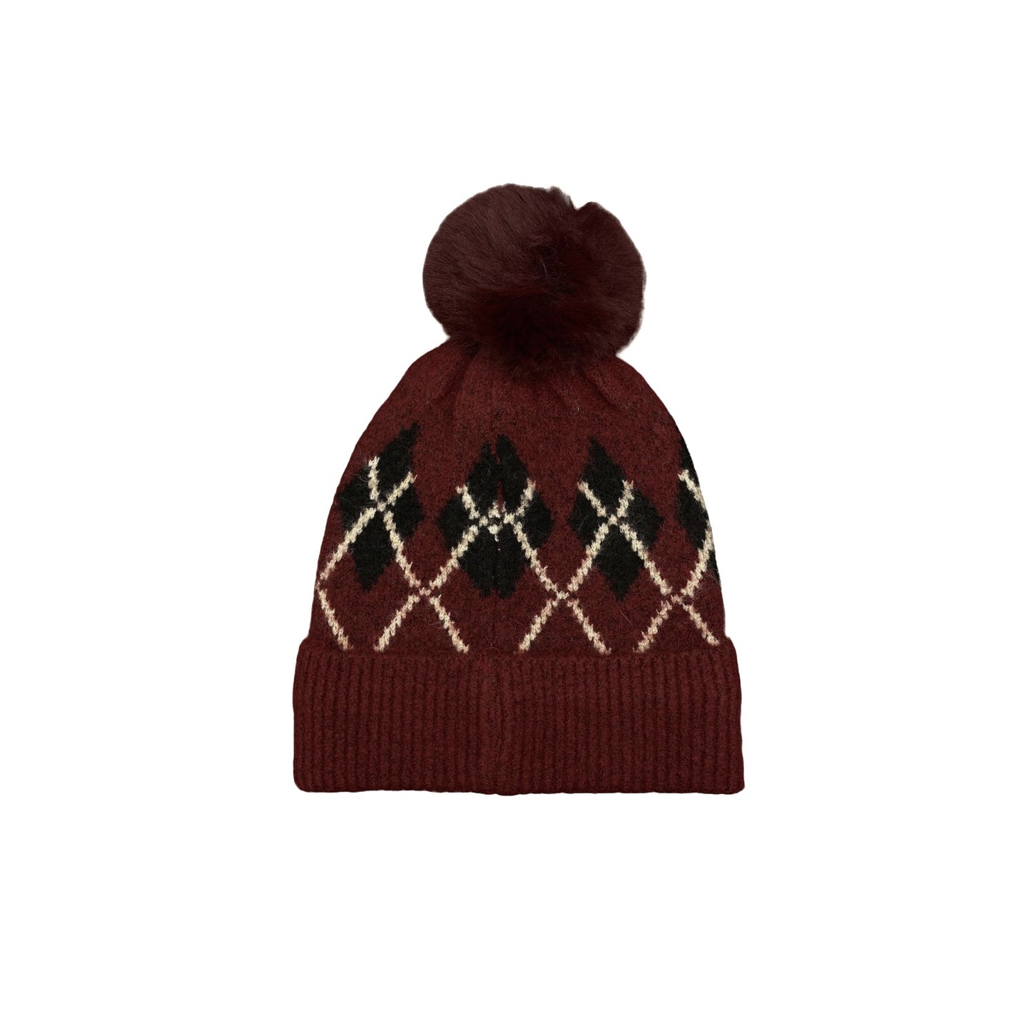 Wool Blended Argyle Fleece Pom Pom Beanie Winter Hat