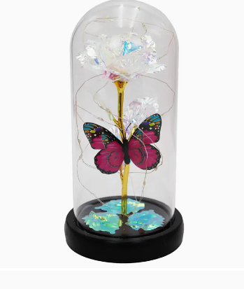 Butterfly Metallic Artificial Galaxy Rose Glass Dome LED Light Stand