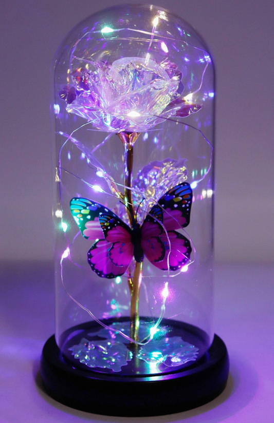 Butterfly Metallic Artificial Galaxy Rose Glass Dome LED Light Stand