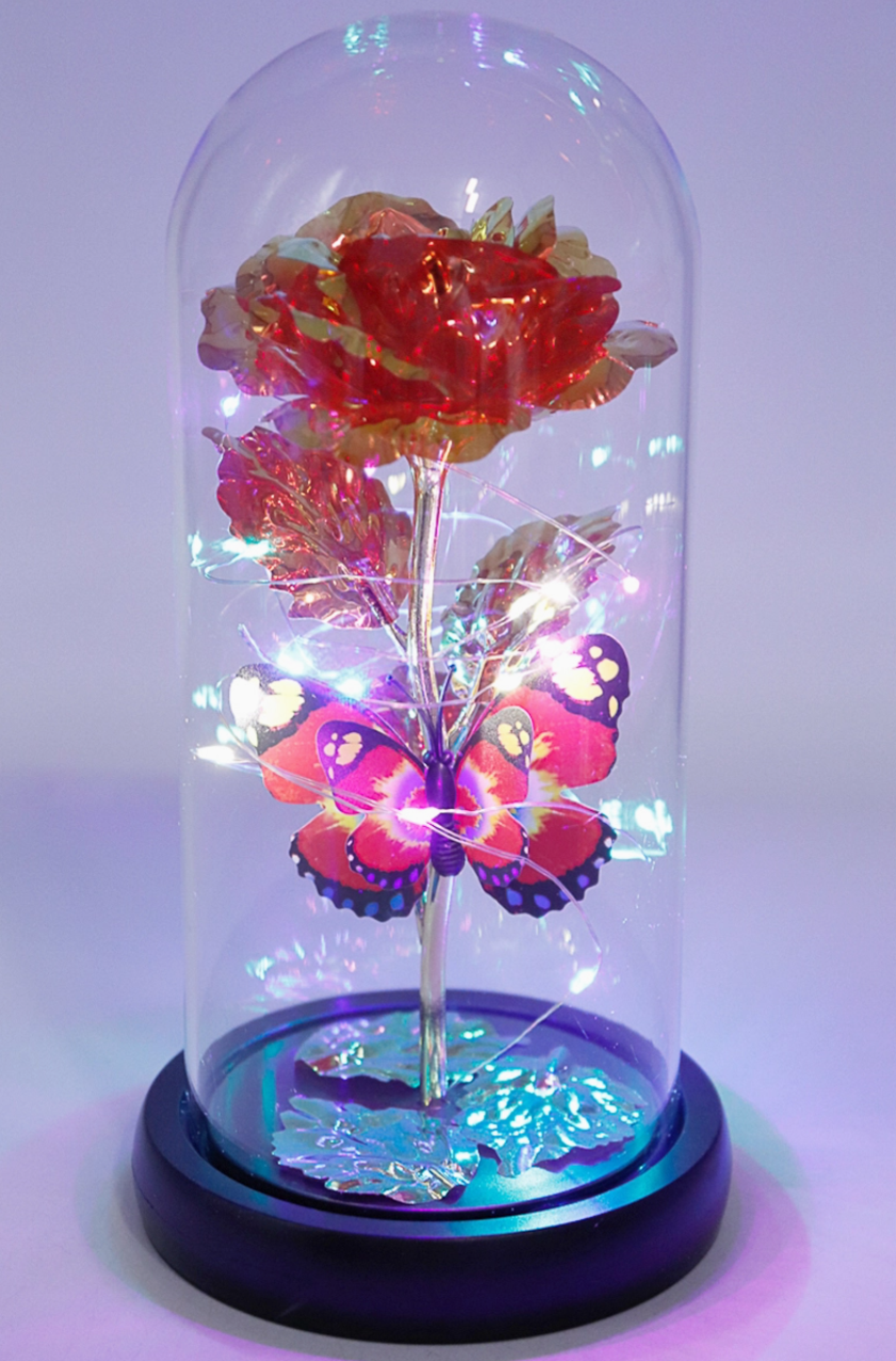 Butterfly Metallic Artificial Galaxy Rose Glass Dome LED Light Stand