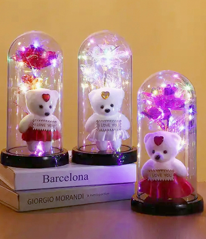 Teddy Bear Galaxy Rose Glass Dome Led Light