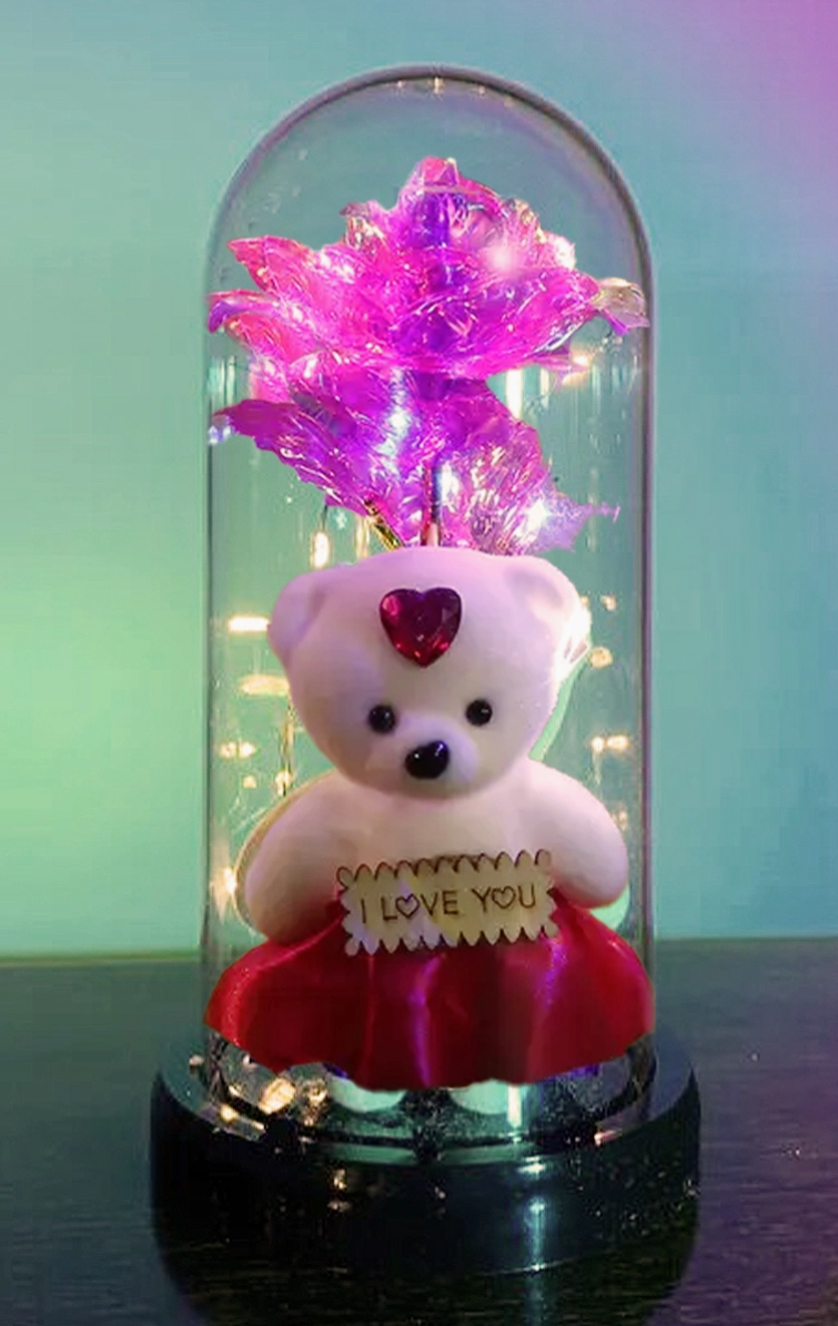 Teddy Bear Galaxy Rose Glass Dome Led Light