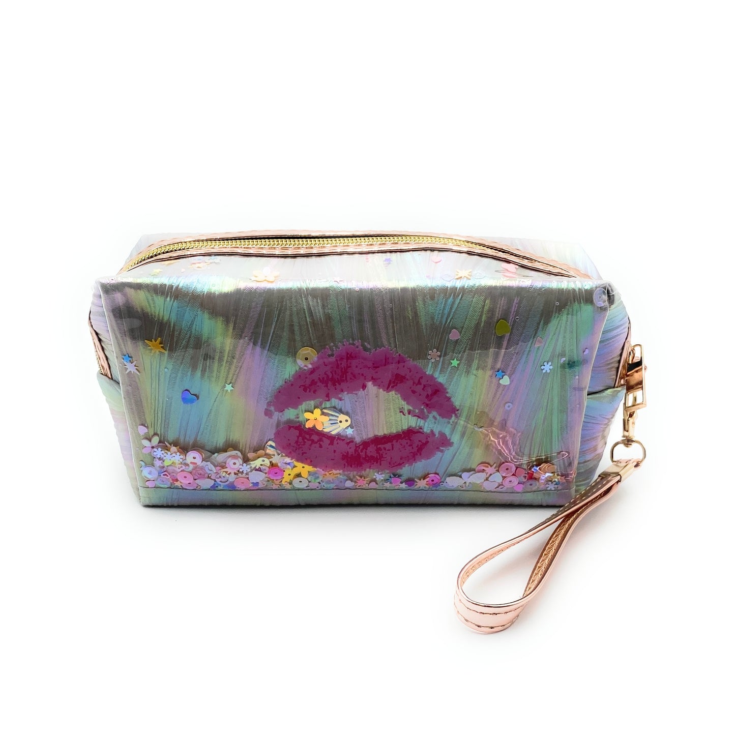 Cosmetic Bag Metallic Confetti Lip Cosmetic Bag w/ Wrist Strap