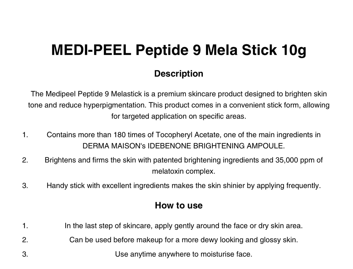 Skincare - Peptide 9 Mela Stick Treats Hyperpigmentation, Freckles and Wrinkles