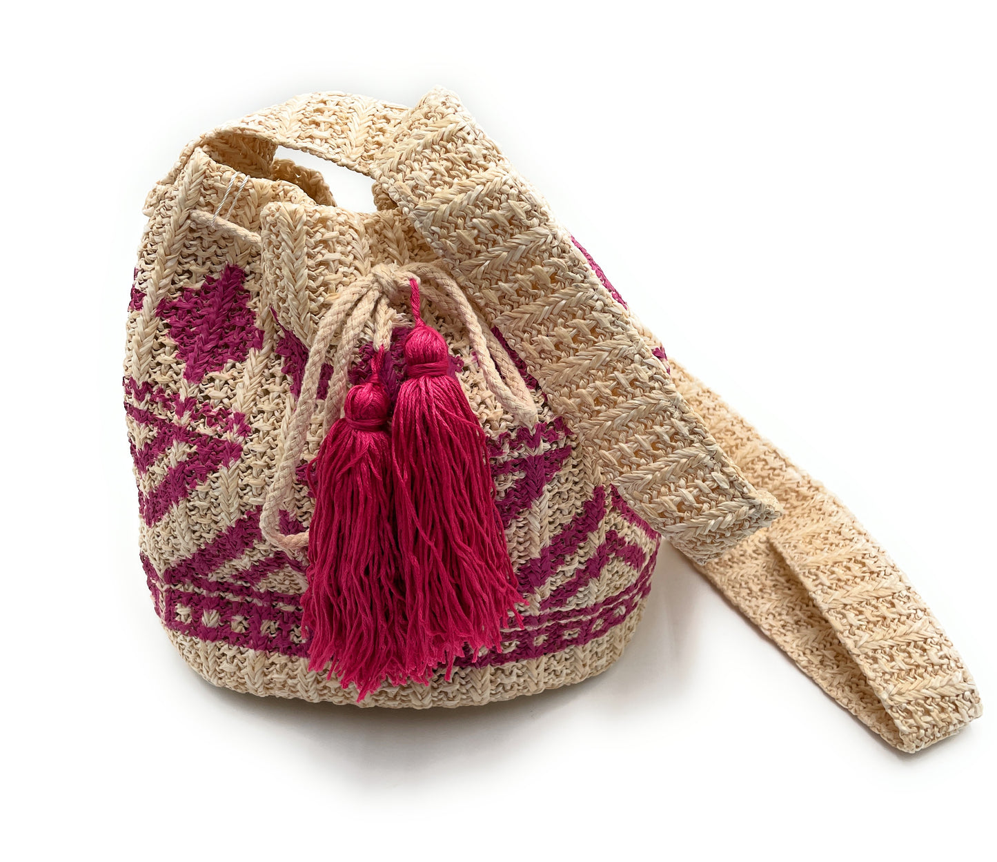 Casual Tribal Straw Crossbody Bucket Bag with Tassel Drawstring