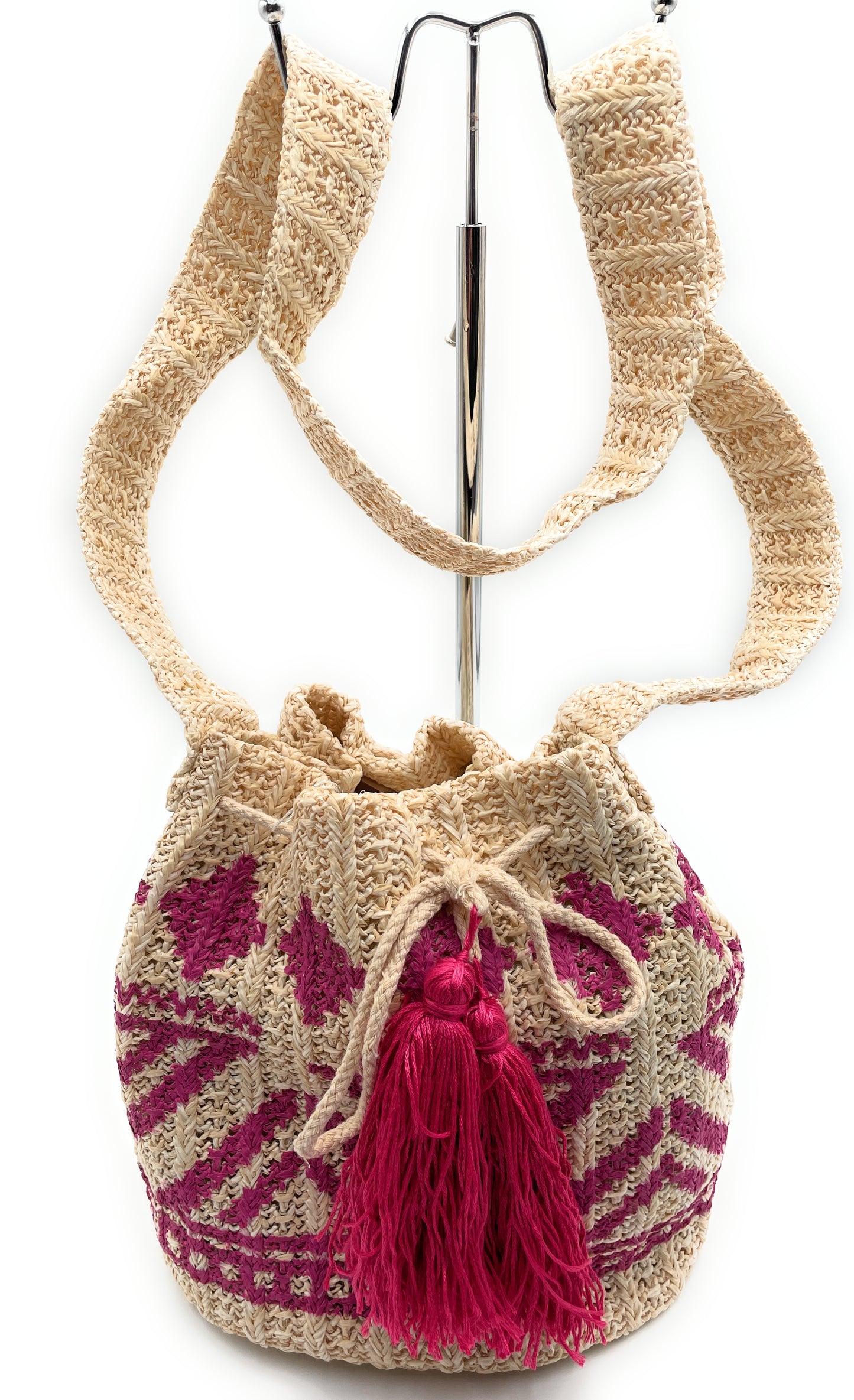 Casual Tribal Straw Crossbody Bucket Bag with Tassel Drawstring