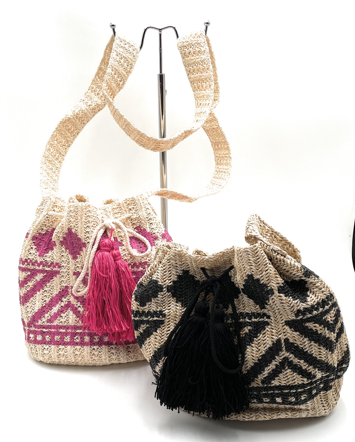 Casual Tribal Straw Crossbody Bucket Bag with Tassel Drawstring