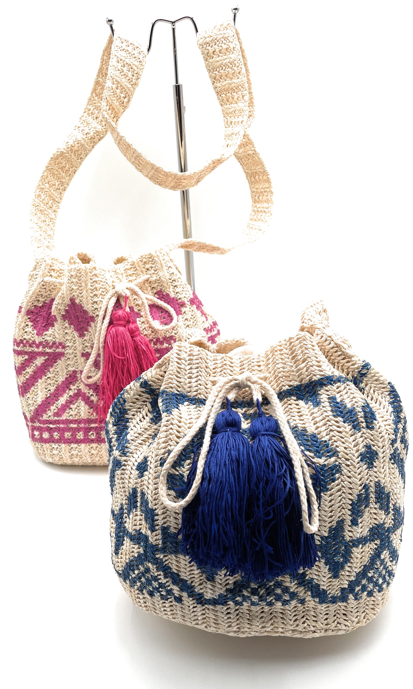 Casual Tribal Straw Crossbody Bucket Bag with Tassel Drawstring