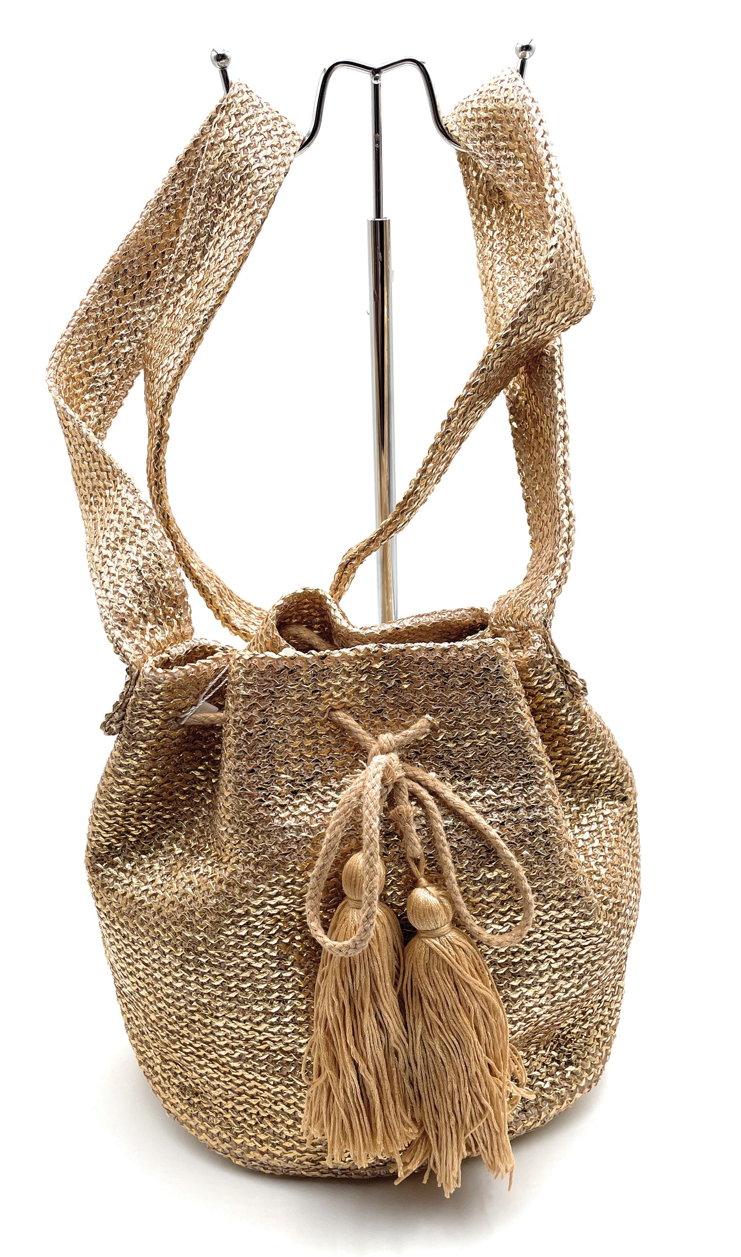 Straw Crossbody Bucket Bag w/Tassel