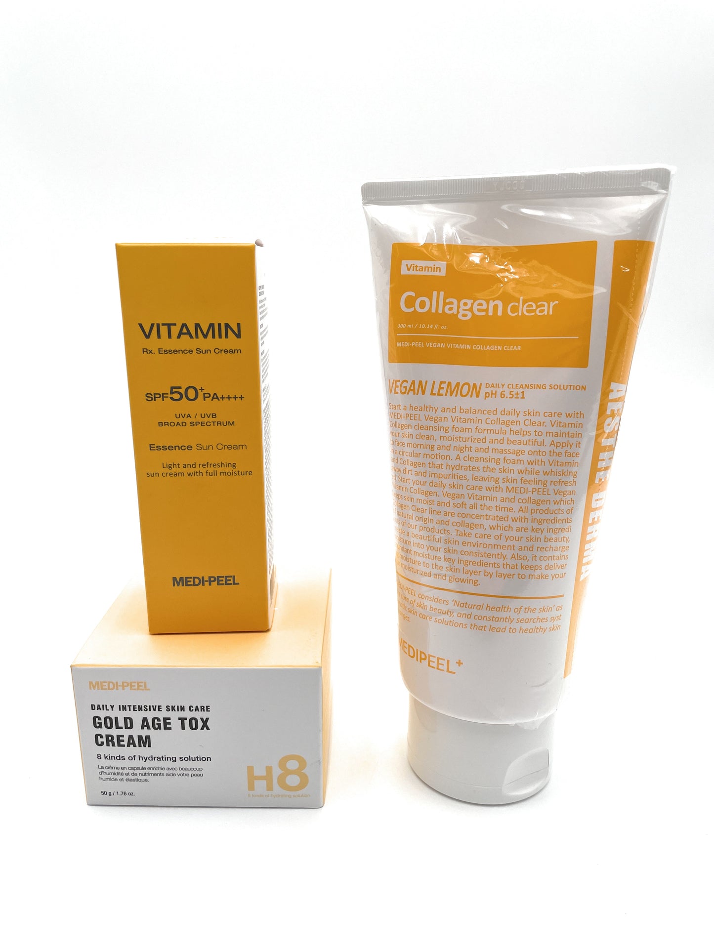 MEDI-PEEL Gold Age Tox H8 Cream, Vegan Vitamin Collagen Clear Cleanser & Vitamin Rx. Essence Sun Cream 50ml (SPF50+ PA++++) 3pc Set