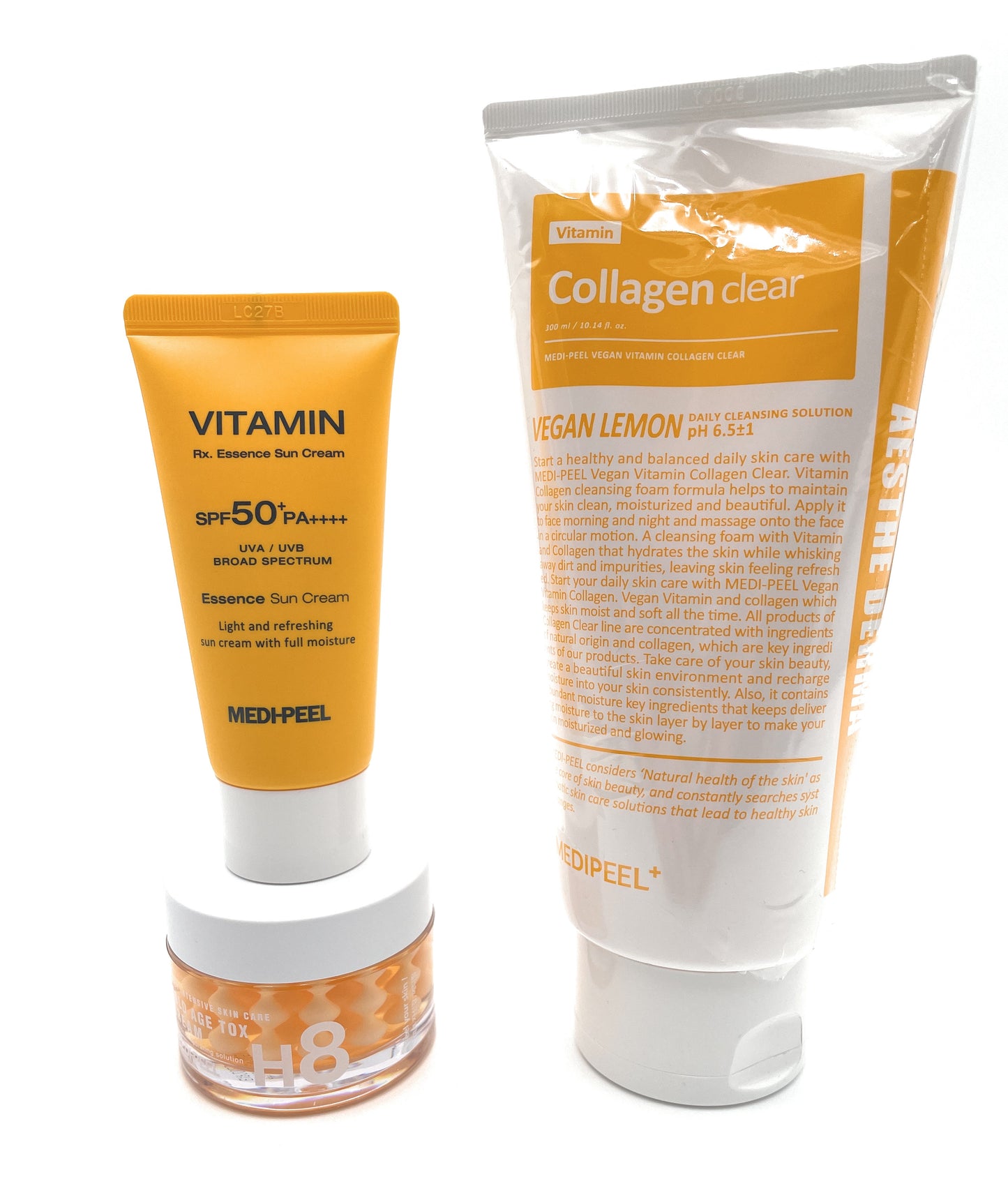 MEDI-PEEL Gold Age Tox H8 Cream, Vegan Vitamin Collagen Clear Cleanser & Vitamin Rx. Essence Sun Cream 50ml (SPF50+ PA++++) 3pc Set