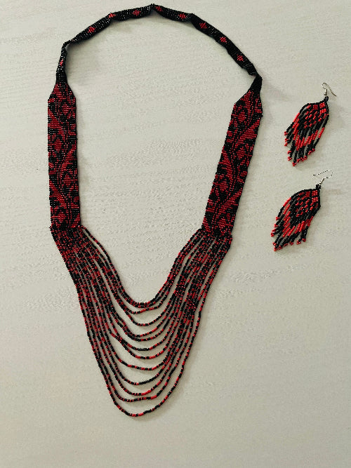 Handmade Red & Black Beaded Necklace & Earrings Set – Boho Jewelry Gift