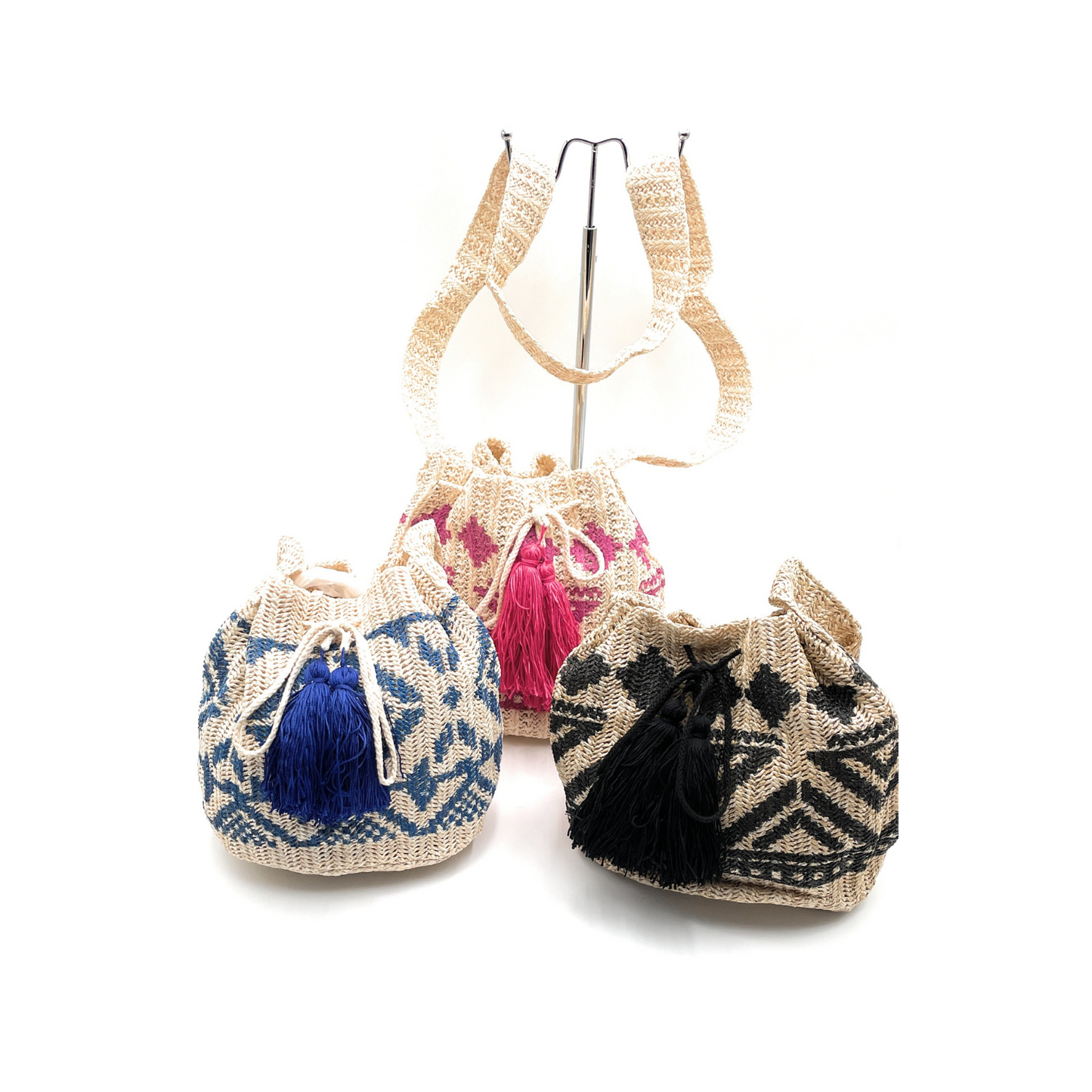 Casual Tribal Straw Crossbody Bucket Bag with Tassel Drawstring