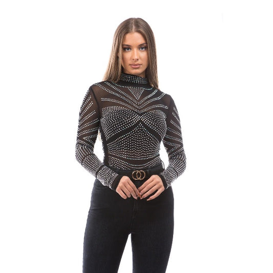 Mock Neck Rhinestone Bodysuit